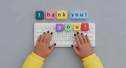Expressing gratitude: 3D render of hands typing "Thank You!" on a keyboard with colorful keys.
