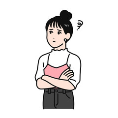 腕組みをして悩むお団子ヘアの若い女性のイラスト素材