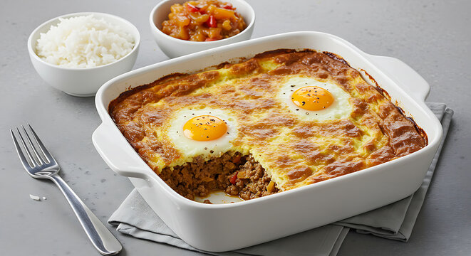Golden Crust Boboti with Sunny-Side Up Eggs & Spicy Relish