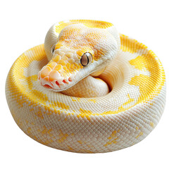 Fototapeta premium A coiled albino ball python with creamy white and yellow scales and distinctive textured skin. Png, Transparent background.