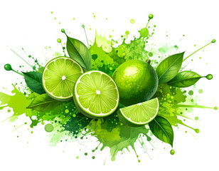 The image features a whole lime, slices of lime, and leaves arranged artistically against a backdrop of green watercolor splashes isolated on transparent background.