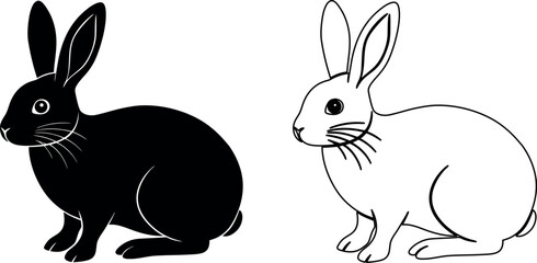 Black and White Rabbit Illustration Minimalist Style Easter Bunny Concept