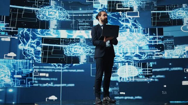 Engineer studying AI brain for data structures and predictive analytics, highlighting smart technology and deep learning for innovation and productivity. Algorithmic thinking. Camera B.
