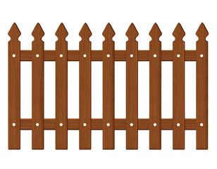 A brown wooden fence in a garden with pointed top isolated on transparent background.