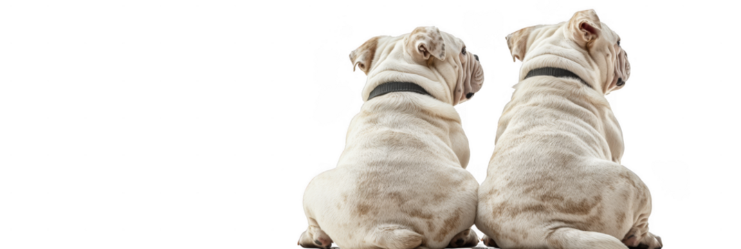 Two light-colored pugs are sitting side by side, facing away from the camera, showing their wrinkled backs and curled tails. Png, Transparent background.