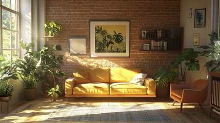 bright living room with yellow sofa, plants, and brick wall creates warm atmosphere