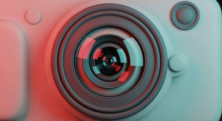Close-Up View of a Modern Digital Camera Lens with Dynamic Red and Cyan Glare Effects
