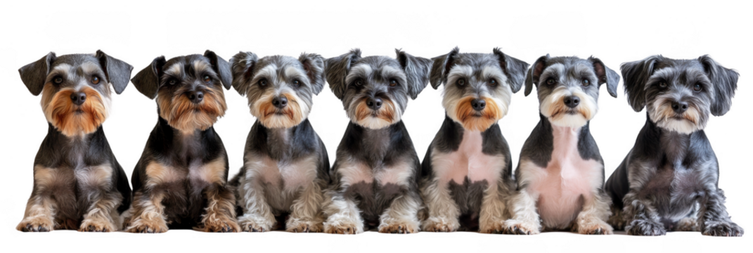 Seven miniature schnauzer dogs sitting side by side, displaying their distinctive bearded faces and expressive eyes. Png, Transparent background.