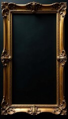 Square antique gold frame, intricate baroque carvings Black backdrop , decorative, royal, photo