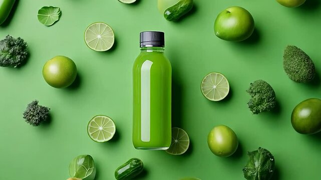 Refreshing Green Juice Bottle Surrounded by Fresh Produce