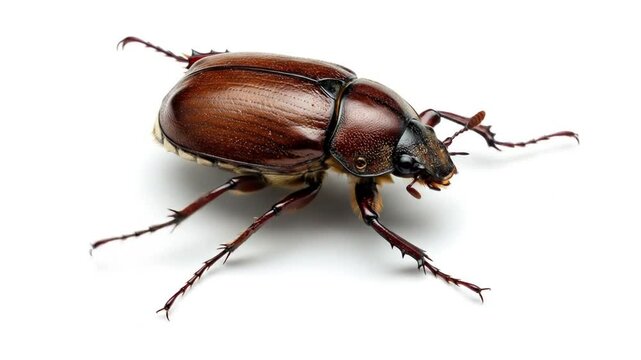May Bug on Display: Close-up shot of a may bug with brown shell, showcasing the intricate details of its anatomy against a plain backdrop.
