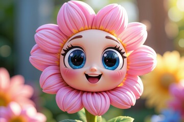Adorable 3D Render of a Happy Pink Flower Face with Big Blue Eyes