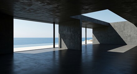 Abstract architectural minimalistic background. Modern villa made of black concrete. Сontemporary interior design. Pool patio view to the sea