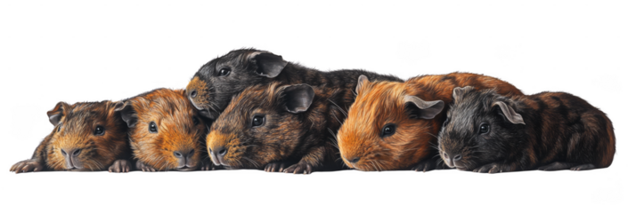 A group of six guinea pigs with various brown, orange, and black fur colors are closely lined up, showcasing their small ears and whiskers. Png, Transparent background.