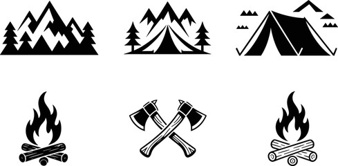 Minimalist Camping Vector Pack with Campfire, Tent, Axe, Mountain, and Log Icons in Monochrome Style