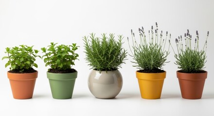 Fototapeta premium Potted herbs and lavender plants displayed against white backdrop