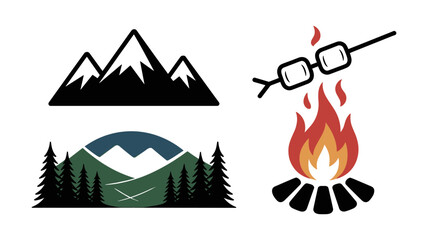 Flat Camping Vector Set with Mountain Landscape, Campfire, Marshmallows, and Forest Scene