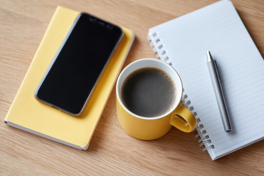 Flat lay of startup tools including coffee, pen, phone, and notepad