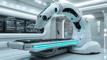 Futuristic medical technology in a sterile, modern facility.