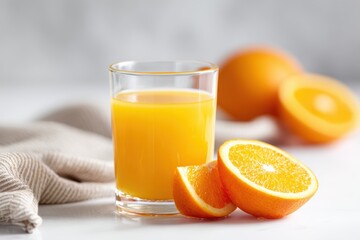 Fresh orange juice in glass with slices of orange on white table