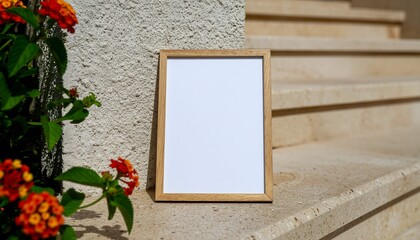 Blank frame mockup on stairs with flowers for your art display