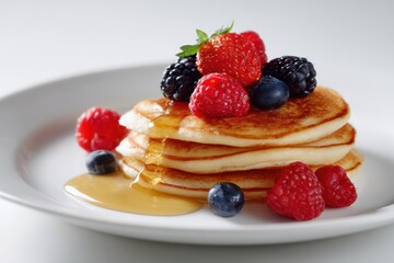Pancakes stacked with syrup and berries on white plate