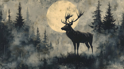 Silhouette of a stag in a misty forest at night.