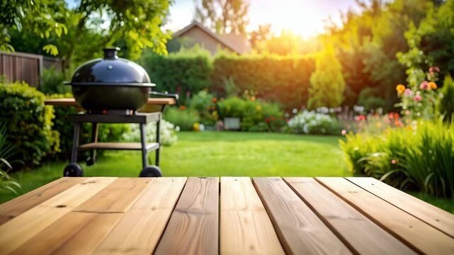 Backyard scene with grill and green lush lawn on a sunny day, wooden picnic table in the foreground and house blurred in the background