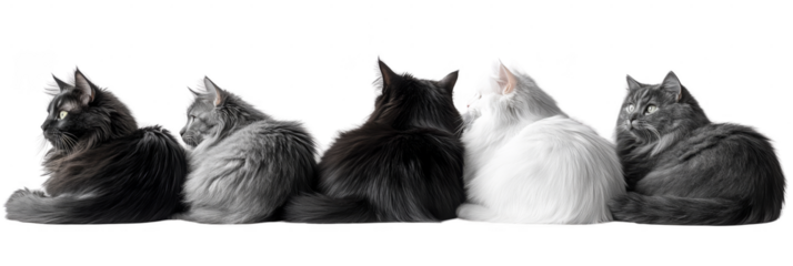 Five cats sitting side by side, showing their backs with diverse fur colors including gray, black, and white. Png, Transparent background.