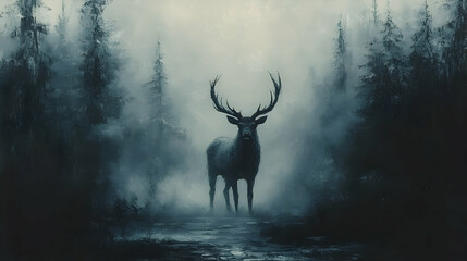 Majestic stag in a misty forest.