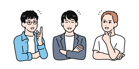 友達と笑顔で話す若い男性のシンプルなベクターイラスト