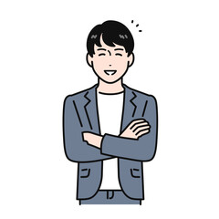 笑顔で腕組みをするジャケットを着た若い男性のイラスト素材