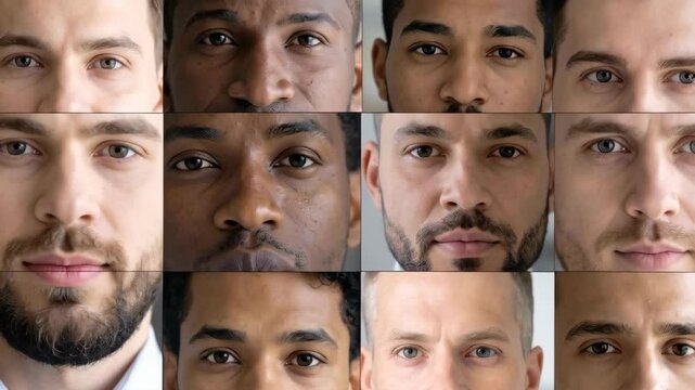 Close-up montage featuring diverse men's faces, showing various skin tones, eye colors, and facial hair for multicultural representation.