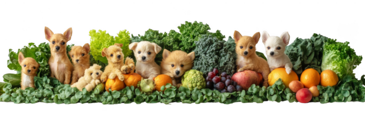A group of small puppies sitting among fresh fruits and leafy vegetables, showcasing a mix of playful and curious expressions. Png, Transparent background.