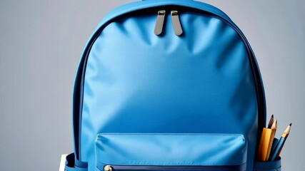 Bright blue school backpack with stacked books and pencils for learning and education themes - Powered by Adobe
