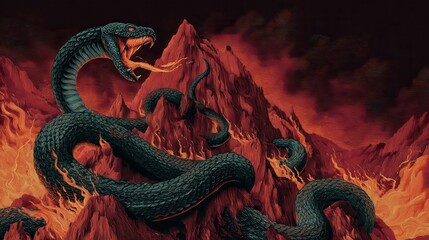 Obraz premium A colossal serpent ascends a fiery mountain.