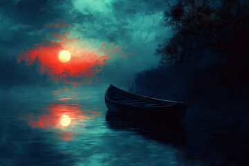 Lonely boat floats on calm river at night under a dark sky, creating a peaceful and moody scene.