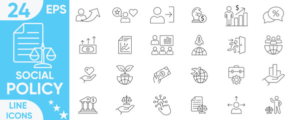 Social policy icons set.Decision Making, Guidelines, Administration, Regulation, Social Services, Labor, Welfare, Reform, Education and more.Vector and illustrator set.