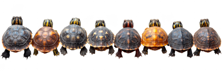 A row of colorful turtles showcasing their distinct shell patterns and textures. Png, Transparent background.