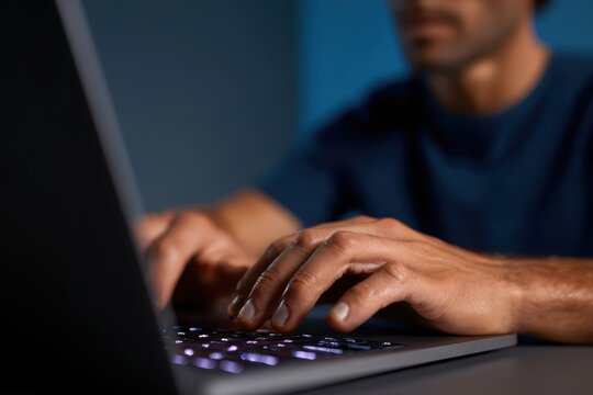Programmer coding on laptop in clean, organized setup