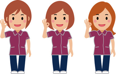 笑顔でOKサイン。えんじ色の制服の女性看護師