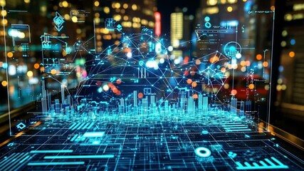 Futuristic city data visualization in cyberspace with glowing lines and polygons forming a digital interface, ideal for illustrating technology and connectivity concepts - Powered by Adobe