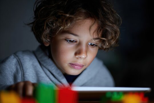 Kid learning coding on tablet with visual blocks