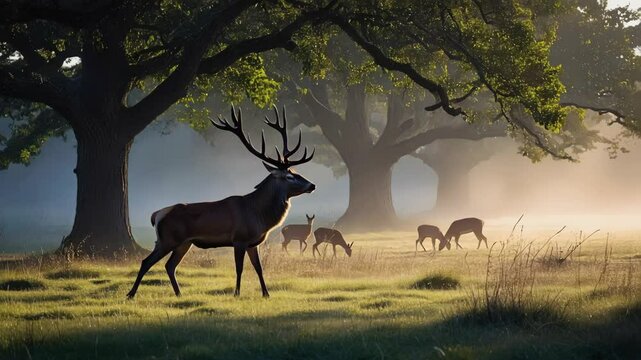 Majestic red deer bugling in quiet forest at sunrise during rut
