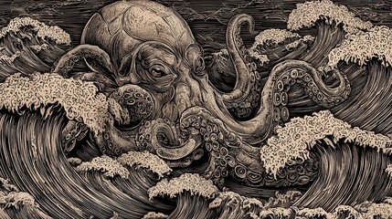 A powerful kraken amidst raging waves.