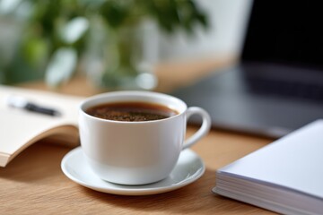 Fototapeta premium Office workspace with cup of coffee, laptop, and notebook
