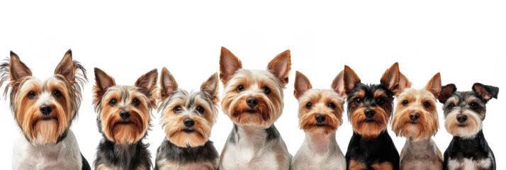 A lineup of Yorkshire Terriers with distinct fur patterns and expressions, showcasing their playful and affectionate nature. Png, Transparent background.