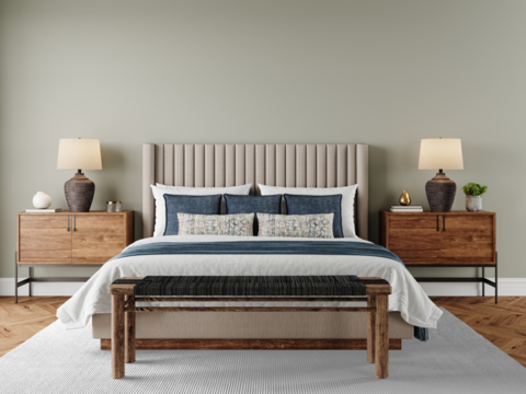 Rustic Modern Bedroom Mockup with Vertical Headboard, Wooden Bench, and Transparent Floor – Front View