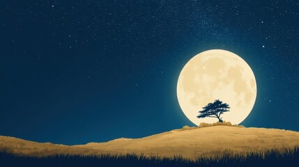 Naklejka premium Solitary tree on a hill under a large moonlit sky.