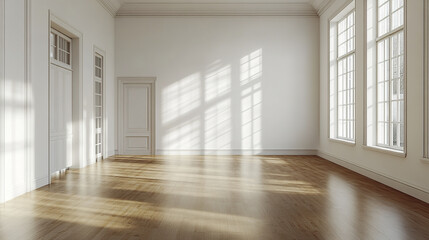 Fototapeta premium Bright, spacious, empty room with wooden floor and large windows